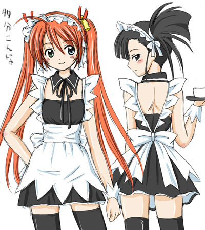 00s, 2girls, ahoge, aoyama_reo, apron, bell, black_eyes, black_hair