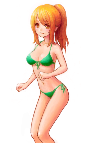 1girl, bikini, brown_eyes, female_focus, front-tie_top, long_hair, mitsu_(komainumilk), navel