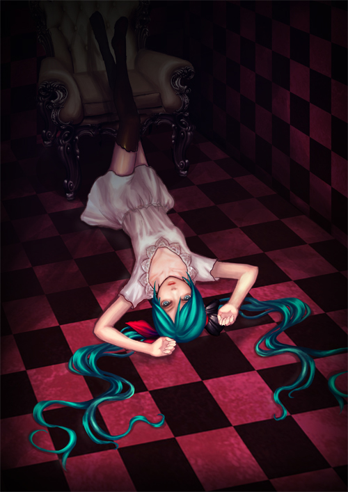 1girl, aqua_eyes, aqua_hair, chair, checkered_floor, dress, female_focus, floor
