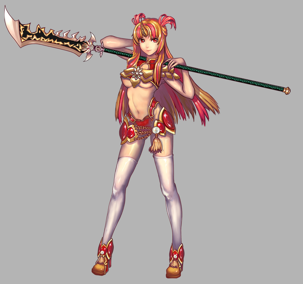 1girl, armor, bikini_armor, blonde_hair, breasts, copyright_request, female_focus, glaive_(polearm), guan_dao, horns, inanna123, midriff, multicolored_hair, polearm, red_eyes, red_hair, single_horn, solo, thighhighs, two-tone_hair, underboob, weapon