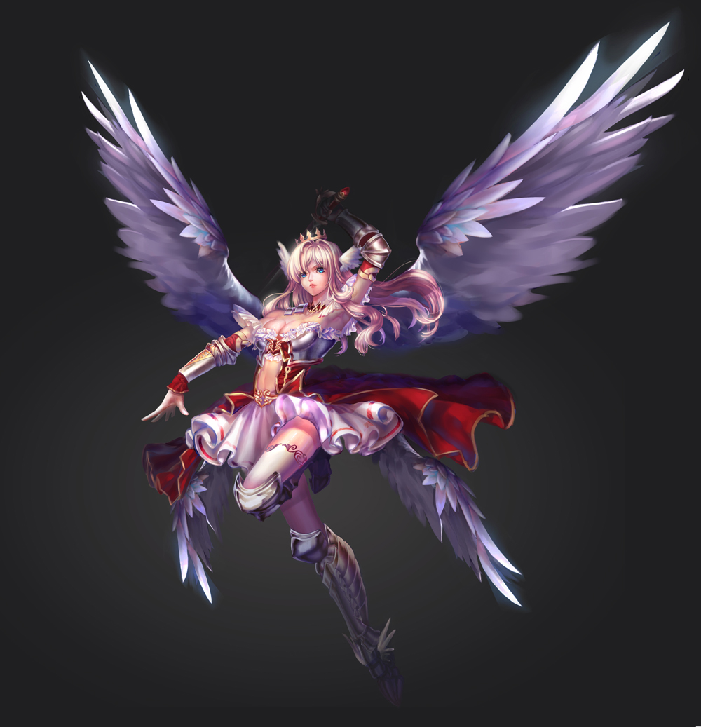 1girl, armor, armored_dress, bare_shoulders, blonde_hair, blue_eyes, breasts, cleavage, crown, dress, female_focus, greaves, grey_background, head_wings, inanna123, long_hair, midriff, multiple_wings, original, simple_background, skirt, solo, sword, valkyrie, vambraces, weapon, white_skirt, wings