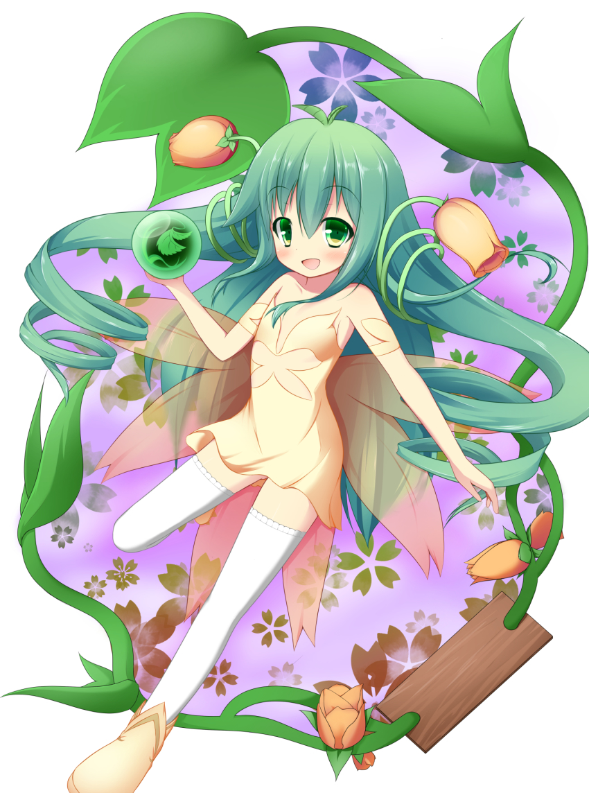1girl, :d, alraune_(p&amp;d), bare_shoulders, clothing_cutout, dress, drill_hair, female_focus, flower, green_eyes, green_hair, head_leaves, highres, long_hair, matching_hair/eyes, mizuki_(kogetsu-tei), monster_girl, open_mouth, plant_girl, puzzle_&amp;_dragons, smile, solo, thighhighs, underboob_cutout