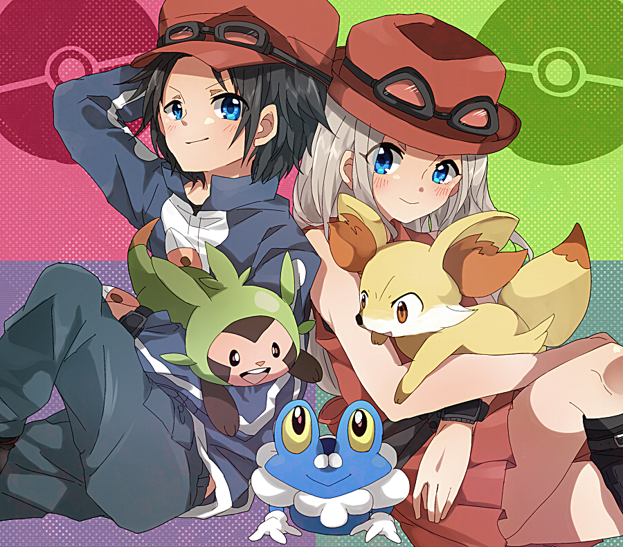 10s, 1boy, 1girl, bad_id, bad_pixiv_id, black_hair, blonde_hair, blue_eyes, blush, boots, brown_hair, calem_(pokemon), chespin, fennekin, froakie, gen_6_pokemon, goggles, goggles_on_headwear, hat, jacket, long_hair, mari03mo, nintendo, pleated_skirt, pokemon, pokemon_(creature), pokemon_x_and_y, serena_(pokemon), skirt, smile, starter_pokemon_trio, watch, wristwatch