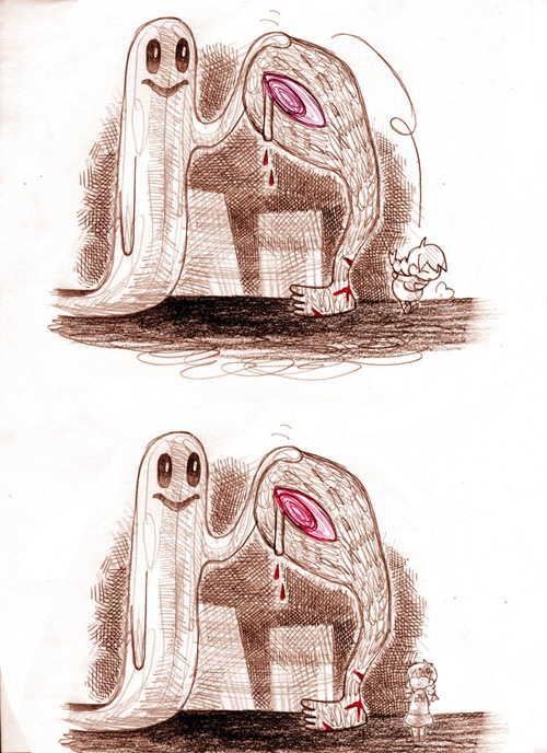 1girl, 2koma, ashida, blood, colored_sclera, comic, injury, jumping