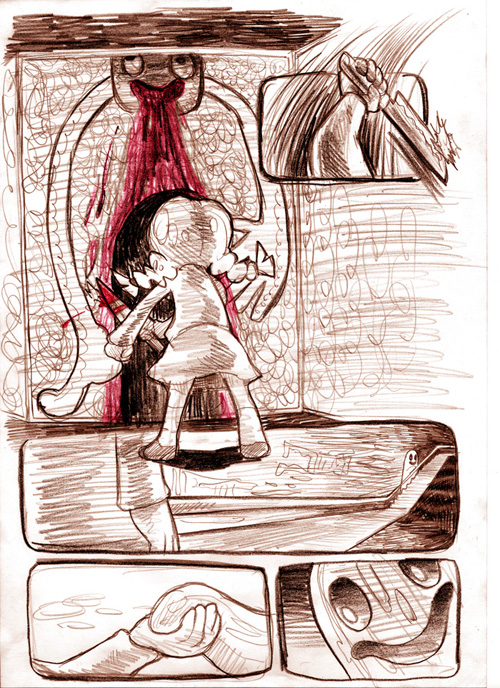 1girl, ashida, blood, blood_from_mouth, comic, holding_hands, kitchen_knife, knife, kyukkyu-kun, madotsuki, monochrome, open_mouth, stab, stairs, traditional_media, wall, yume_nikki