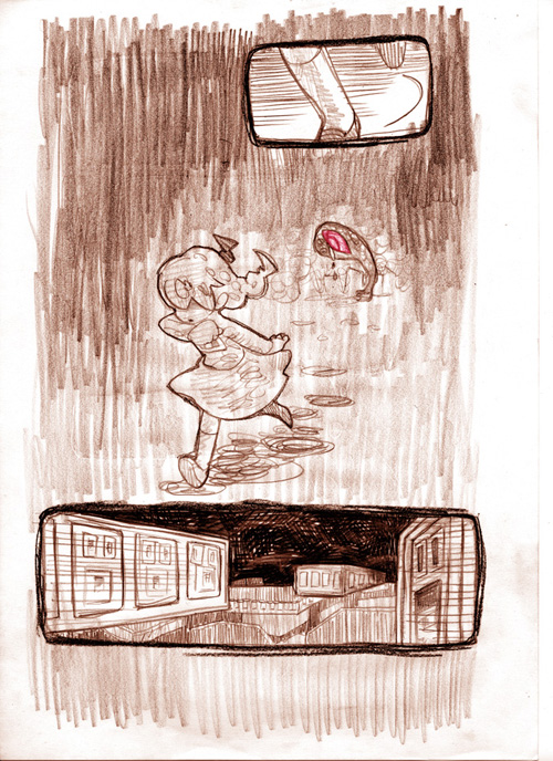 1girl, ashida, colored_sclera, comic, dripping, dripping_eye, fleeing, kasei-san