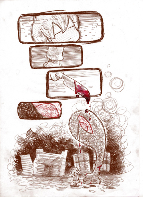 1girl, ashida, blood, bloody_knife, closed_eyes, colored_sclera, comic, dripping