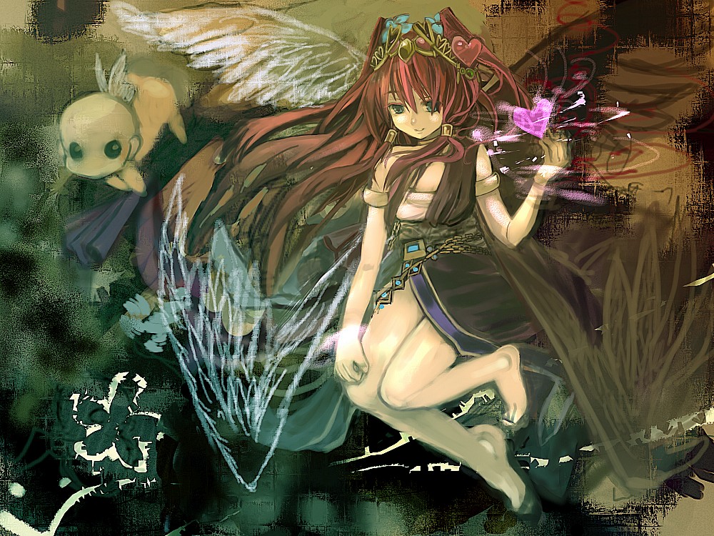1girl, amamizu_(chetore), armlet, asymmetrical_wings, bare_legs, barefoot, black_wings, chaos_venus_(p&amp;d)