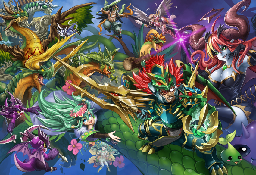 2boys, 4girls, alraune_(p&amp;d), ancient_dragon_knight_(p&amp;d), armor, blood_devil_(p&amp;d), blush_stickers, brachys_(p&amp;d), ceres_(p&amp;d), demon_horns, dragon, facial_hair, full_armor, glasses, green_hair, hera_(p&amp;d), horns, hourai_(p&amp;d), itou_youichi, minerva_(p&amp;d), multiple_boys, multiple_girls, mustache, opaque_glasses, puzzle_&amp;_dragons, red_hair, susanoo_(p&amp;d), sword, weapon, wings, woodsie_(p&amp;d)