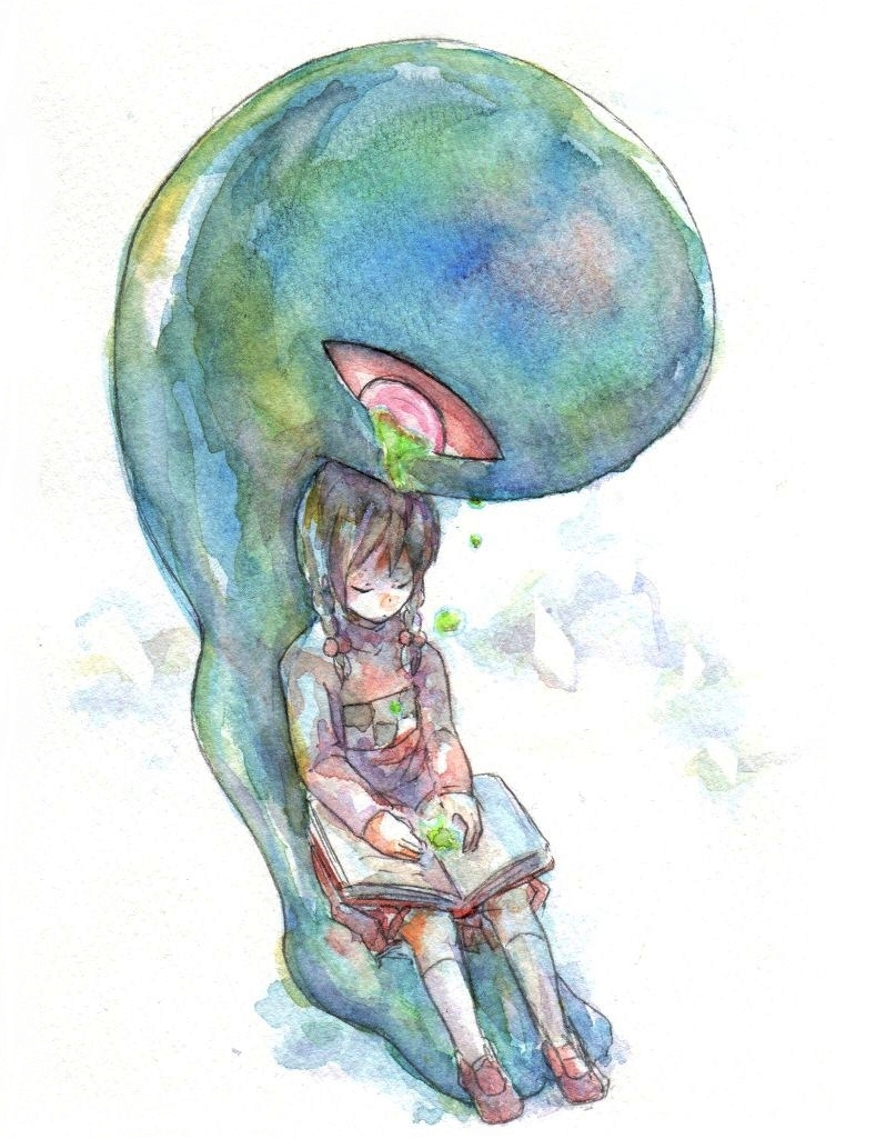 1girl, book, braid, closed_eyes, dripping_eye, feet, kasei-san, looking_down