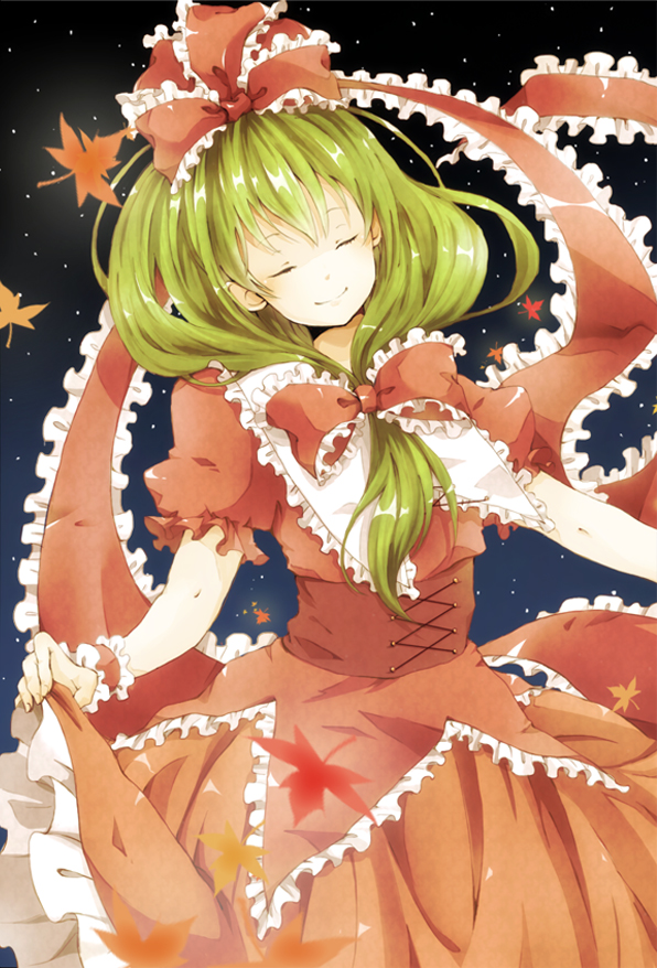 1girl, akiho_(quinrose), autumn, bad_id, bad_pixiv_id, bow, dress, closed_eyes
