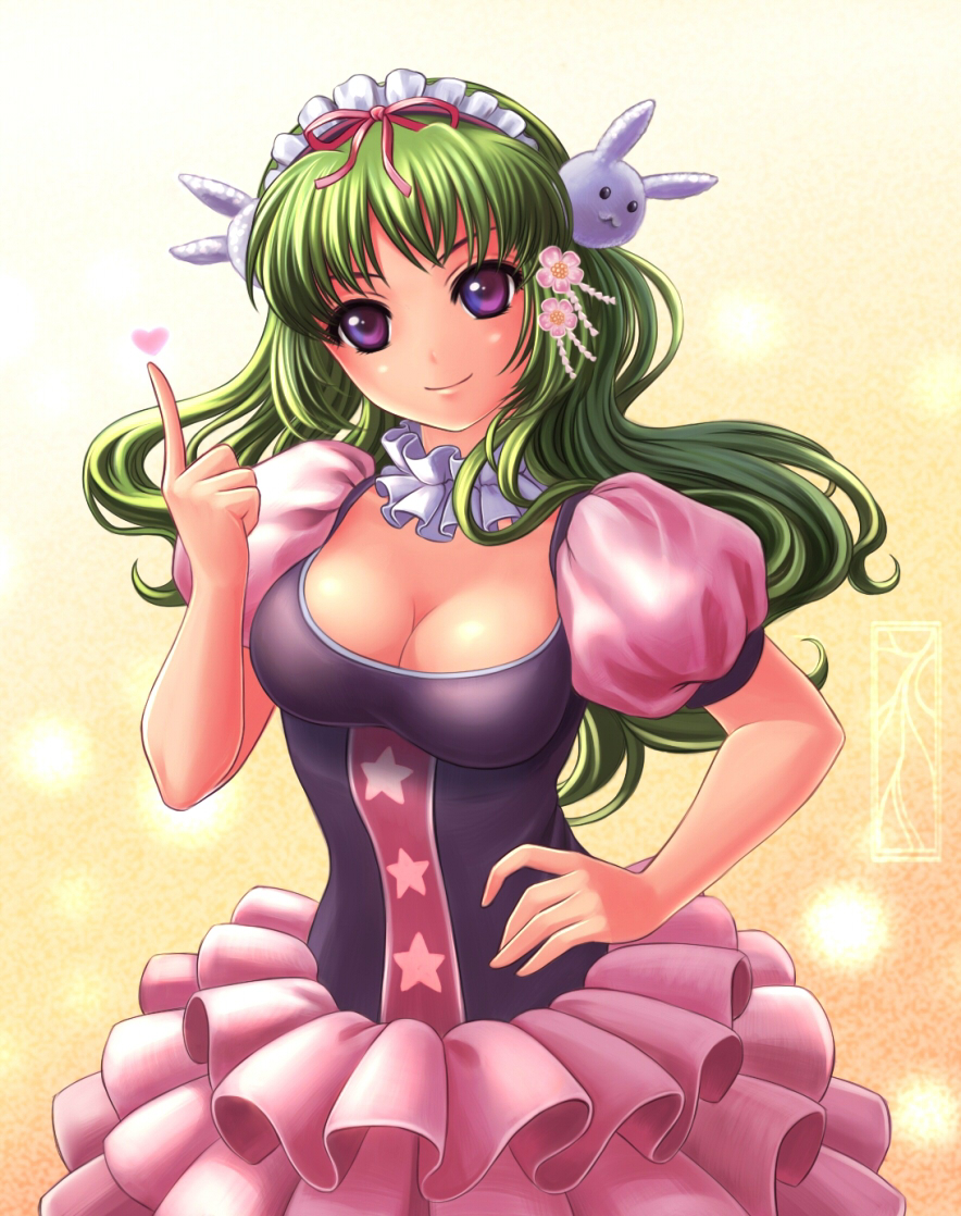 1girl, breasts, female_focus, finger_up, green_hair, hairband, kotikomori, long_hair