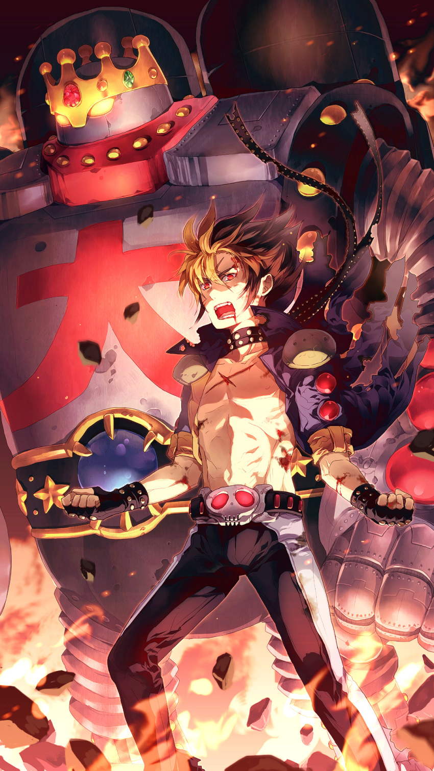 1boy, aura, belt, blood, brown_hair, bruise, buriki_daioh, collar, crown, fingerless_gloves, gloves, glowing, glowing_eyes, highres, injury, jacket, live_a_live, mecha, open_clothes, open_jacket, open_mouth, red_eyes, robot, scar, shoulder_pads, spiked_hair, star_(symbol), sunakumo, tadokoro_akira, torn_clothes