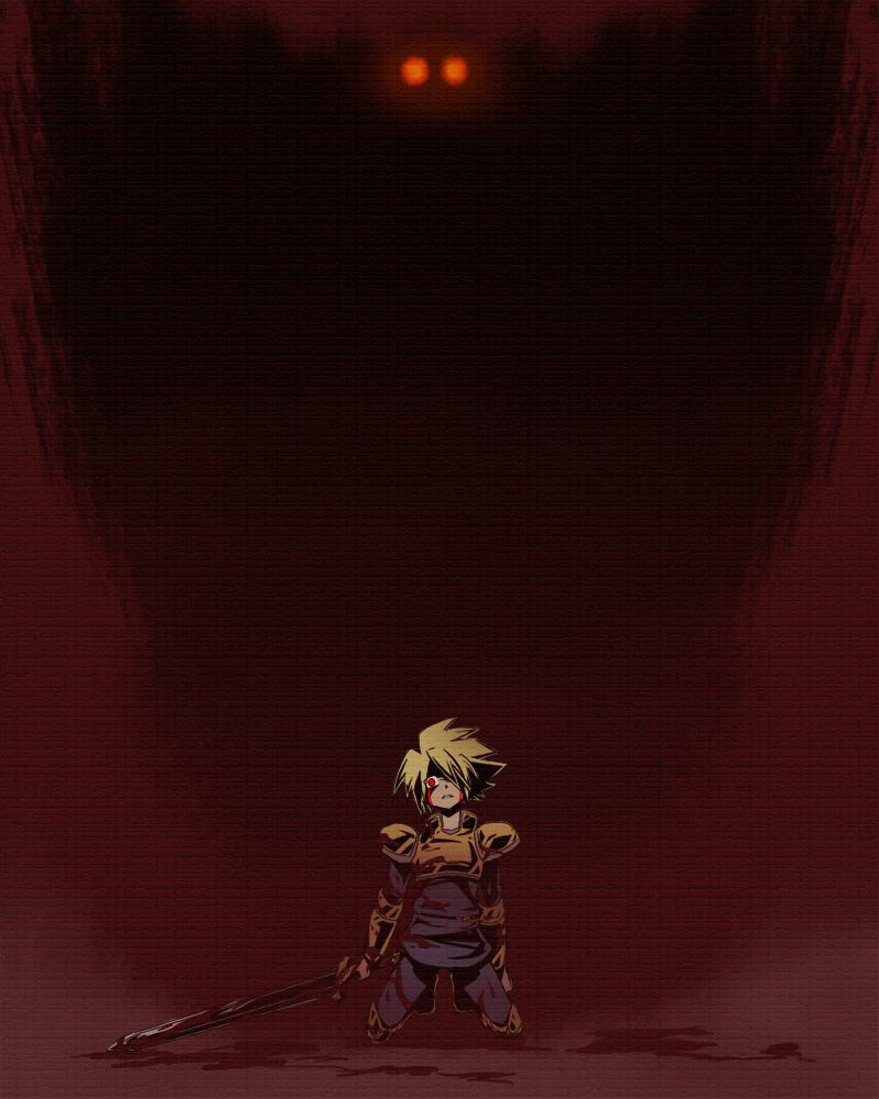 1boy, armor, blonde_hair, blood, despair, empty_eyes, glowing, glowing_eyes