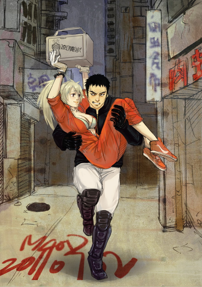 1boy, 1girl, aikawa_(dorohedoro), aikawa_you, black_eyes, black_hair, blonde_hair, bracelet