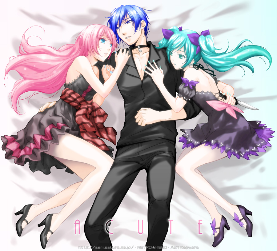 1boy, 2girls, acute_(vocaloid), alternate_costume, aqua_eyes, aqua_hair, aqua_nails, arm_behind_back, back, bare_legs, bed, black_footwear, blue_eyes, blue_hair, choker, clenched_hand, copyright_name, cuddling, dress, girl_sandwich, green_eyes, green_hair, group_hug, hair_ribbon, hatsune_miku, hatsune_miku_(innocent), high_heels, hug, kaito_(guilty)_(vocaloid), kaito_(vocaloid), kajiwara_aeri, knife, legs, long_hair, looking_at_another, lying, md5_mismatch, megurine_luka, megurine_luka_(amour), multiple_girls, nail_polish, on_back, on_side, open_clothes, open_shirt, pants, parted_lips, pimp, pink_hair, project_diva, project_diva_(series), project_diva_f, ribbon, sandwiched, shirt, shoes, short_hair, twintails, vocaloid