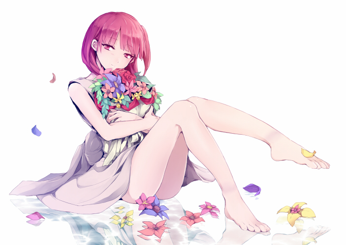 1girl, bare_legs, barefoot, dress, feet, female_focus, flower, iori-amu