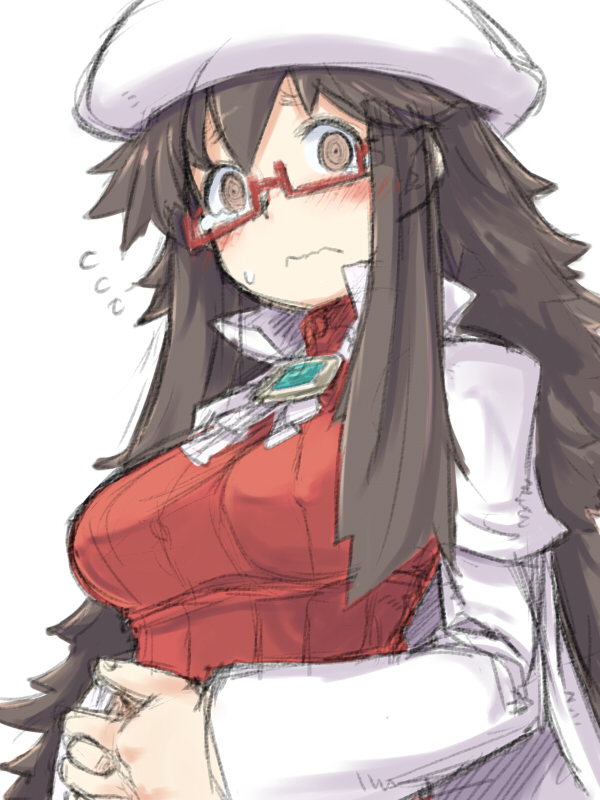 1girl, aty_(summon_night), aty_(summon_night)_(cosplay), beret, black_hair, blush, borrowed_character, breasts, brown_eyes, brown_hair, cosplay, female_focus, freckles, gem, glasses, hat, lab_coat, large_breasts, long_hair, messy_hair, motorii, original, red-framed_eyewear, ribbed_sweater, semi-rimless_eyewear, simple_background, solo, standing, steepled_fingers, summon_night, sweatdrop, sweater, under-rim_eyewear, white_background, yonezawa_natsumi, yuusha_to_maou