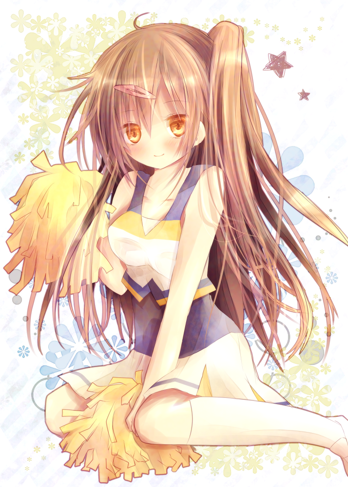 10s, 1girl, brown_eyes, brown_hair, cheerleader, chuunibyou_demo_koi_ga_shitai!, female_focus, hair_ornament
