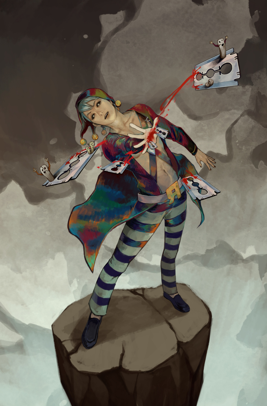 1boy, bad_id, bad_pixiv_id, black_sclera, blood, colored_sclera, hat, head_tilt