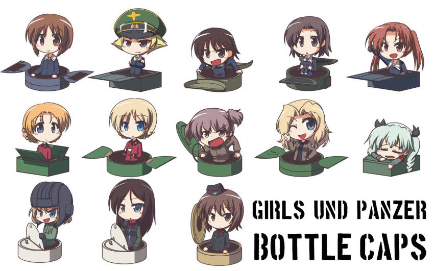 10s, 6+girls, ;d, alisa_(girls_und_panzer), anchovy_(girls_und_panzer), blush, chibi, darjeeling_(girls_und_panzer), erwin_(girls_und_panzer), fictional_sister, full_body, garrison_cap, girls_und_panzer, hat, helmet, highres, isobe_noriko, jacket, jpeg_artifacts, kadotani_anzu, katyusha_(girls_und_panzer), kay_(girls_und_panzer), military, military_uniform, multiple_girls, nishizumi_maho, nishizumi_miho, nonna_(girls_und_panzer), one_eye_closed, open_mouth, orange_pekoe_(girls_und_panzer), peaked_cap, sawa_azusa, short_hair, simple_background, sitting, smile, tank_helmet, white_background