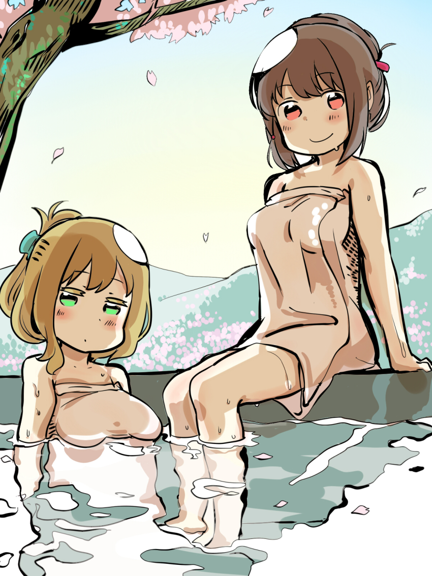 10s, 2girls, blush, breasts, brown_hair, cherry_blossoms, day, green_eyes