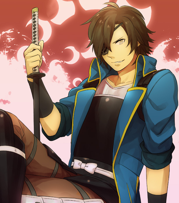 1boy, bad_id, bad_pixiv_id, brown_eyes, brown_hair, date_masamune_(sengoku_basara), eyepatch, katana