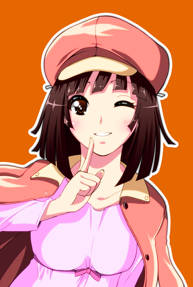 1girl, bad_id, bad_pixiv_id, bakemonogatari, blouse, brown_eyes, brown_hair, newsboy_cap