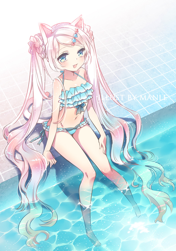 1girl, animal_ears, bad_id, bad_pixiv_id, bikini, blue_eyes, cat_ears, cat_tail