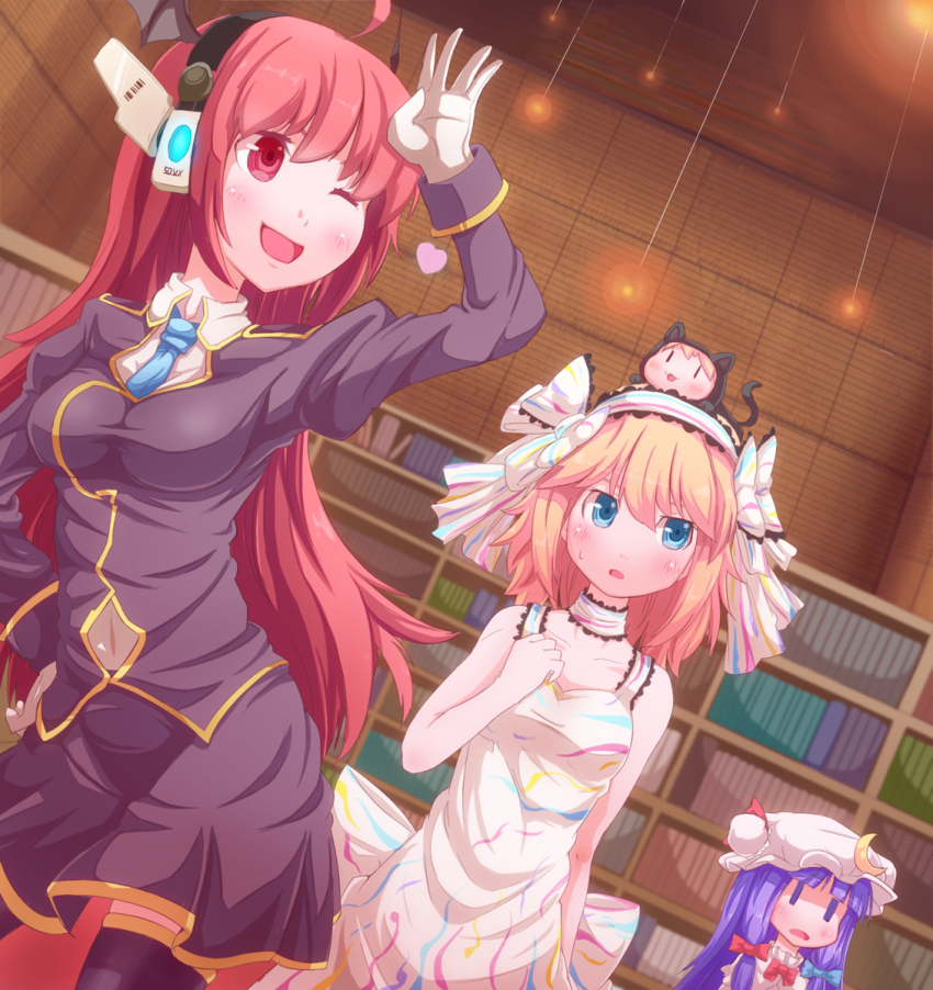 3girls, ahoge, alice_margatroid, bare_shoulders, bat_wings, bemani, blue_eyes, blue_necktie