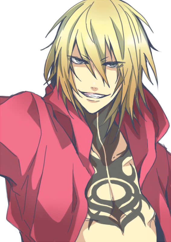 1boy, blonde_hair, blue_eyes, grin, gunji, male_focus, nitroplus, short_hair