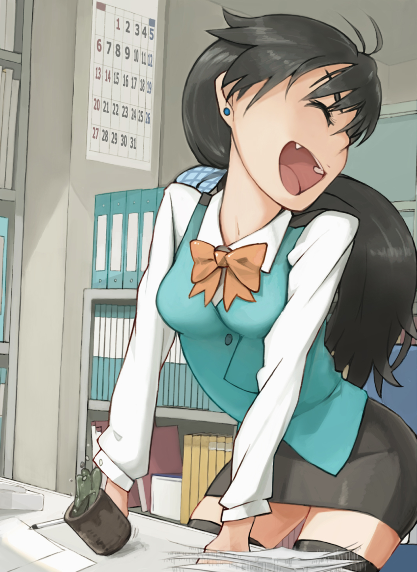 >_<, 1girl, :d, black_hair, black_thighhighs, bow, calendar_(object), closed_eyes