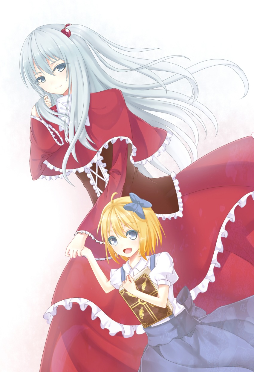 2girls, alice_margatroid, alice_margatroid_(pc-98), blonde_hair, blue_eyes, blush, book, bow, capelet, corset, dress, female_focus, hair_bobbles, hair_bow, hair_ornament, hair_ribbon, hairband, highres, holding, holding_book, holding_hands, itsumi_(izumi), izumi4195202, long_hair, looking_at_viewer, mother_and_child, mother_and_daughter, multiple_girls, mystic_square, open_mouth, parent_and_child, ribbon, shinki_(touhou), short_hair, side_ponytail, silver_hair, skirt, smile, suspenders, touhou, touhou_(pc-98)