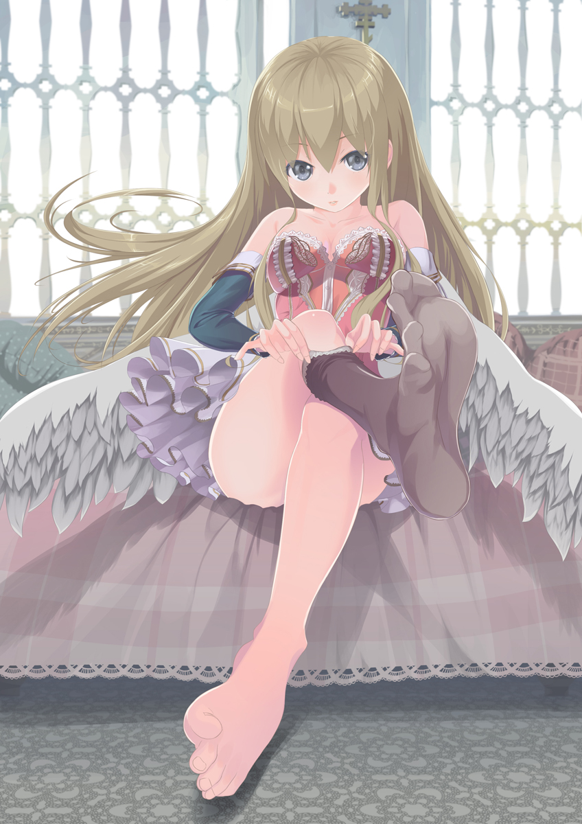 1girl, barefoot, bed, blue_eyes, brown_hair, feet, female_focus, foot_focus, foreshortening, highres, legs, long_hair, no_shoes, original, single_sock, sitting, sock_pull, socks, soles, solo, spread_toes, takanori_yamada, toenails, toes, wings