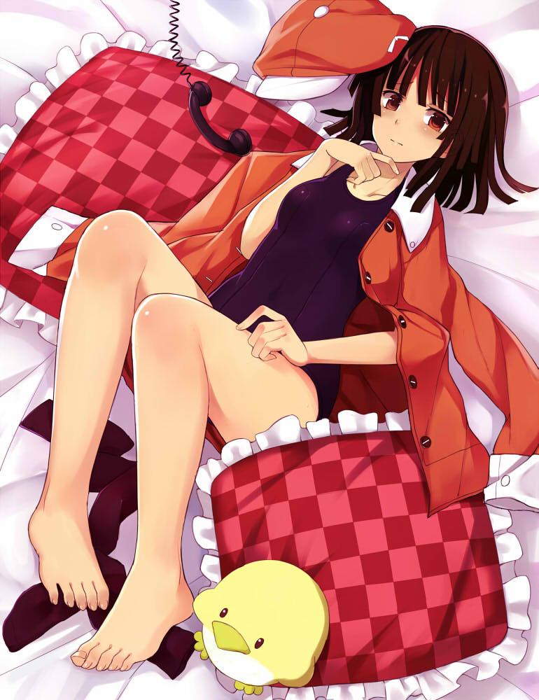 1girl, 501092-taka, baby_animal, bakemonogatari, barefoot, bird, brown_eyes, brown_hair, chick, corded_phone, feet, female_focus, frilled_pillow, frills, hat, jacket, jacket_on_shoulders, lying, monogatari_(series), newsboy_cap, one-piece_swimsuit, phone, pillow, school_swimsuit, sengoku_nadeko, short_hair, solo, stuffed_animal, stuffed_toy, swimsuit, toes