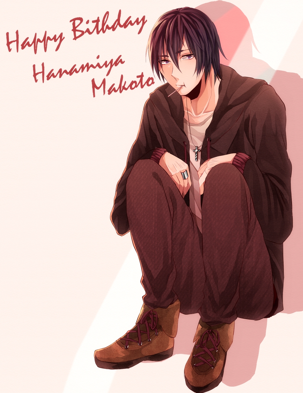 1boy, black_hair, cross, full_body, gradient_background, hanamiya_makoto, highres, hood