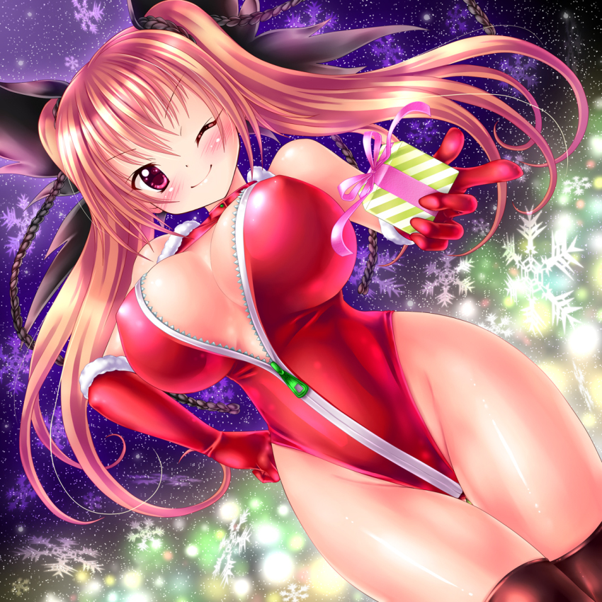 1girl, bare_shoulders, black_thighhighs, blonde_hair, blush, breasts, brown_hair, center_opening