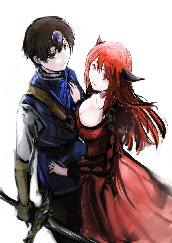 10s, 1boy, 1girl, bad_id, bad_pixiv_id, breasts, brown_eyes, brown_hair, cleavage, couple, dress, gloves, horns, kamemushi_(hoozuki), looking_at_viewer, maou_(maoyuu), maoyuu_maou_yuusha, md5_mismatch, medium_breasts, red_dress, red_eyes, red_hair, short_hair, simple_background, sword, weapon, white_background, yuusha_(maoyuu)