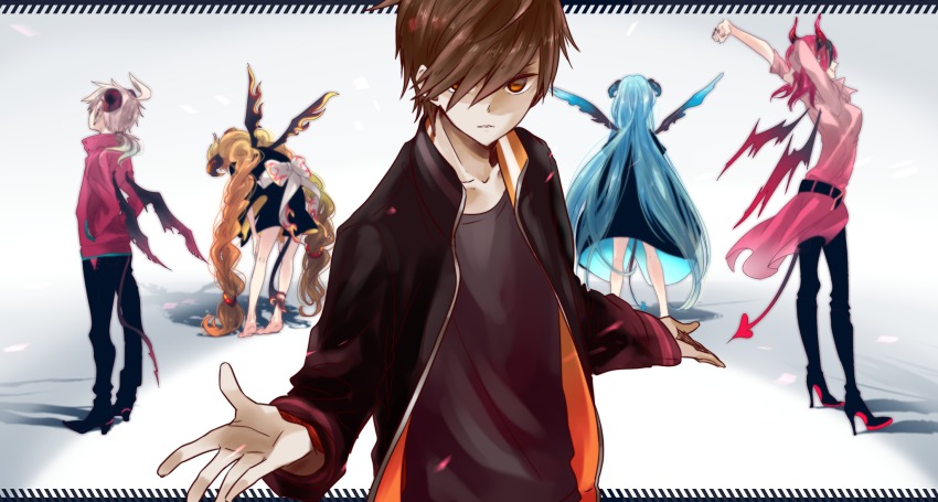 2boys, 3girls, aikawa_jun, blonde_hair, blue_hair, brown_eyes, brown_hair, demon_tail