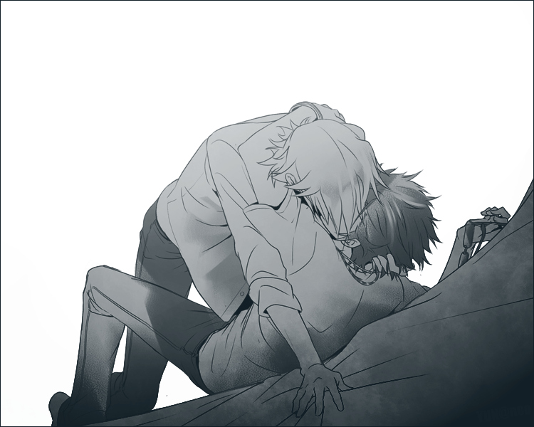 2boys, blonde_hair, couple, kagerou_project, kusanagi_izumo, male_focus, monochrome, multiple_boys