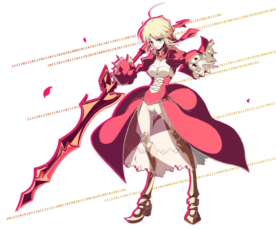 10s, 1girl, aestus_estus, ahoge, armor, blonde_hair, breasts, cleavage