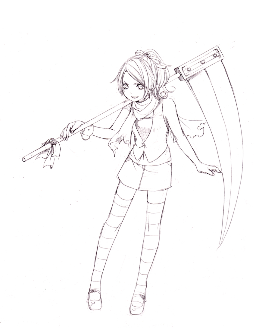 1girl, female_focus, highres, lineart, looking_at_viewer, monochrome, original, scythe