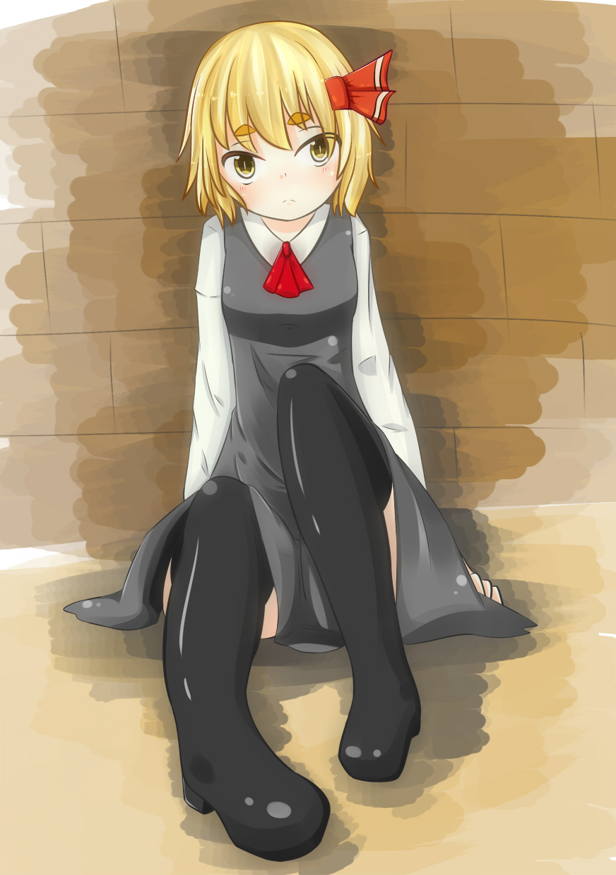 1girl, boots, brick_wall, dress, eyebrows, female_focus, frown, full_body