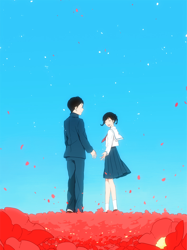 1boy, 1girl, bad_id, bad_pixiv_id, black_hair, braid, couple, flower