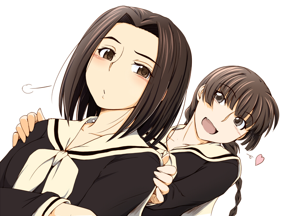 00s, 2girls, arima_nana, black_hair, blush, braid, breath, brown_eyes