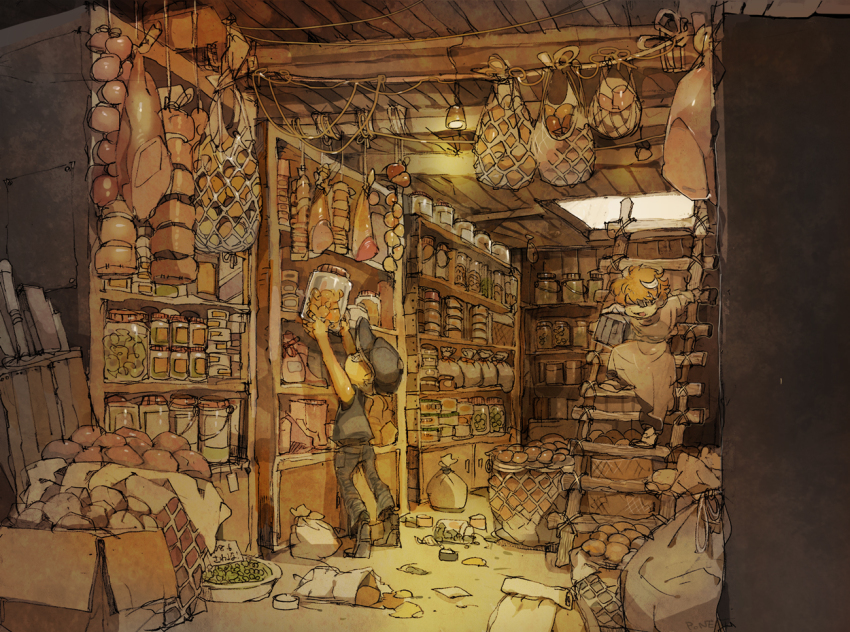 1boy, 1girl, absurdly_detailed_composition, bag, basement, beans, bread, carrying