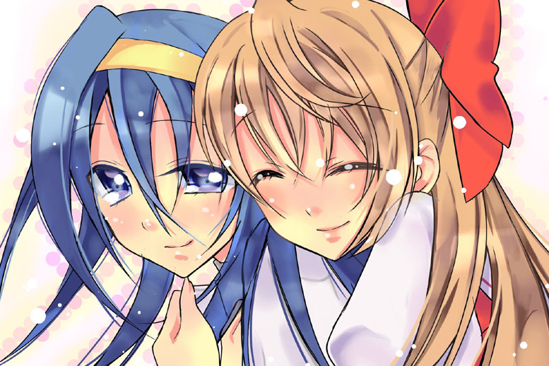 00s, 2girls, bad_id, bad_pixiv_id, blonde_hair, blue_eyes, blue_hair, bow