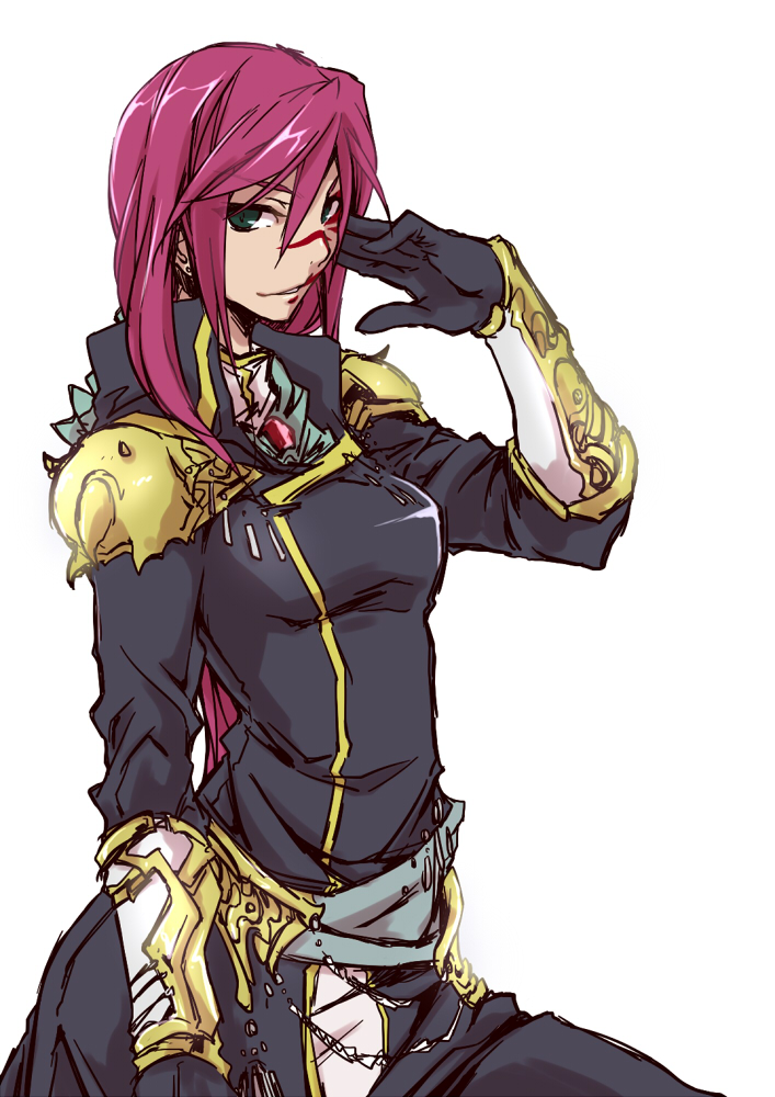 1990s_(style), 1girl, armor, facial_mark, faris_scherwiz, female_focus, final_fantasy, final_fantasy_v, gloves, green_eyes, magnetic, pirate_costume, popped_collar, purple_hair, retro_artstyle, solo, white_background