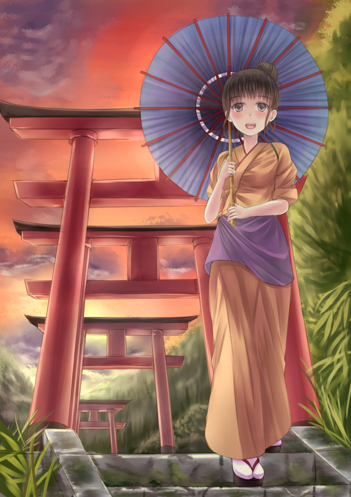 10s, 1girl, bad_id, bad_pixiv_id, blush, brown_eyes, brown_hair, cloud