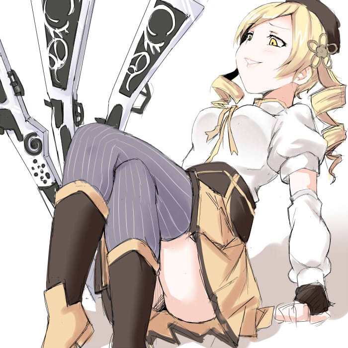 10s, 1girl, arm_warmers, blonde_hair, boots, crossed_legs, darkside, drill_hair